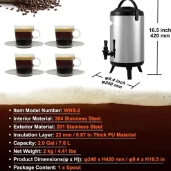 Rustfrit stål, isoleret drikkevaredispenser 7,6 liter; perfekt til varm/kold te, kaffe, vand — ideel til restauranter og cafeer.