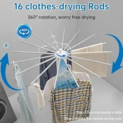 Sammenklappeligt tørrestativ med 16 stænger – tre-trins design til camping, altan og soveværelse Outlet