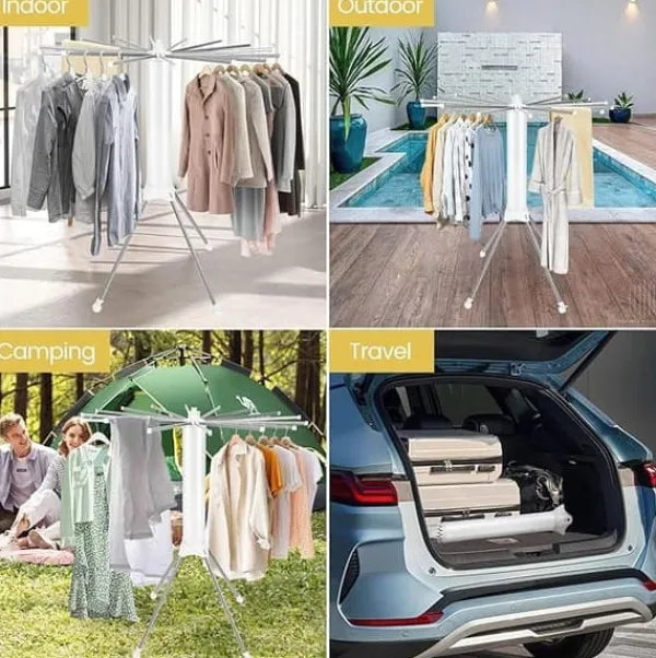 Sammenklappeligt tørrestativ med 16 stænger – tre-trins design til camping, altan og soveværelse Outlet