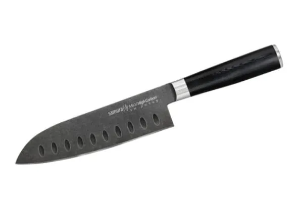 SAMURA MO-V 7" Stonewash Santoku Kniv - Hulslibet Japansk Stål Køkkenkniv til Præcisionsskæring og Kulinarisk Ekspertise Hot