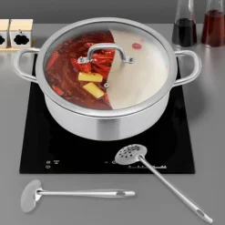 Shabu Shabu Hotpot - Gryde 28 cm - 304 Rustfrit Stål - Todelt Inddeling - Glaslåg - Induktion & Gas - Hvid - Med 2 Suppeskeer Best