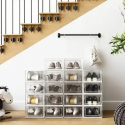 Skobokse, pakke med 8 stabelbare organisatorer til skoopbevaring, foldbare og alsidige til sneakers, passer op til UK størrelse 10,5, gennemsigtig og | CDON Outlet