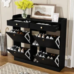 Skoskab 110 x 26 x 100 cm - 4 låger - 2 skuffer - 3 åbne rum - sort