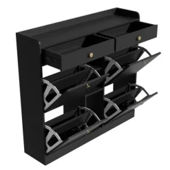 Skoskab 110 x 26 x 100 cm - 4 låger - 2 skuffer - 3 åbne rum - sort