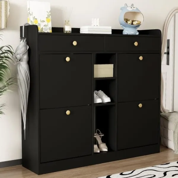 Skoskab 110 x 26 x 100 cm - 4 låger - 2 skuffer - 3 åbne rum - sort