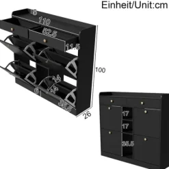 Skoskab 110 x 26 x 100 cm - 4 låger - 2 skuffer - 3 åbne rum - sort