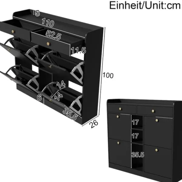 Skoskab 110 x 26 x 100 cm - 4 låger - 2 skuffer - 3 åbne rum - sort