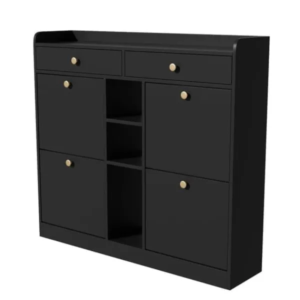 Skoskab 110 x 26 x 100 cm - 4 låger - 2 skuffer - 3 åbne rum - sort