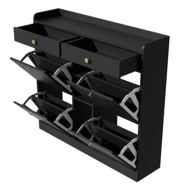 Skoskab 110 x 26 x 100 cm - 4 låger - 2 skuffer - 3 åbne rum - sort