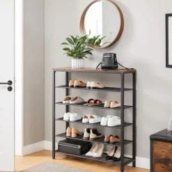 Skoställ med 5 Hyllor - Skohylla industriell Design 100 x 30 x 110 cm vintage brun-svart New