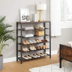 Skoställ med 5 Hyllor - Skohylla industriell Design 100 x 30 x 110 cm vintage brun-svart New