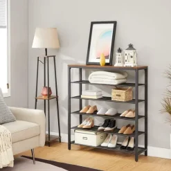 Skoställ med 5 Hyllor - Skohylla industriell Design 100 x 30 x 110 cm vintage brun-svart New