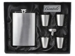 Barudstyrssæt>Sølv lommelærke med fire shots og en tragt i gavesæt