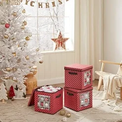 Songmics Christmas Bauble Storage Boxes, Sæt med 3 opbevaringskubbeholdere til julepynt, rød Clearance