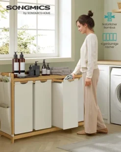 SONGMICS vasketøjskurv 4 rum 4 x 50 L 124,6 x 33 x 78 cm Cremehvid Clearance