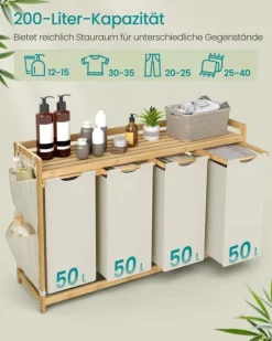 SONGMICS vasketøjskurv 4 rum 4 x 50 L 124,6 x 33 x 78 cm Cremehvid Clearance