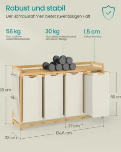 SONGMICS vasketøjskurv 4 rum 4 x 50 L 124,6 x 33 x 78 cm Cremehvid Clearance