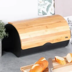 Brødkasser & Brødposer>Sort brødkasse i stål, træ, 38x24x20 cm