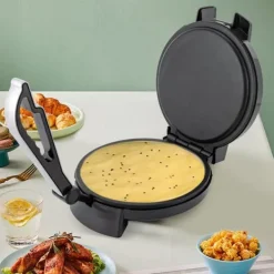 Brødristere, Raclettegrills Og Sandwichtoastere>Tortillamaskine, justerbar temperaturkontrol, non-stick overflade, rustfrit stål design, pladsbesparende kompakt størrelse