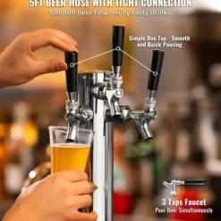 Triple Taps Fadølstårndispenser, rustfrit stål, Kegerator Tower Kit med slanger og selvlukkende vandhane, perfekt til fest