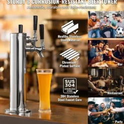 Triple Taps Fadølstårndispenser, rustfrit stål, Kegerator Tower Kit med slanger og selvlukkende vandhane, perfekt til fest