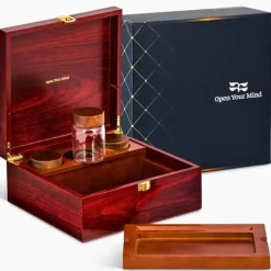 Træopbevaringskasse og 3 glasbeholdere til luksuriøse krydderurter Hot