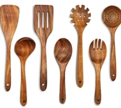 Træskesæt til madlavning, 7-delt teaktræ redskabssæt, Træskesæt til køkken, Træskesæt til køkken Outlet