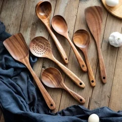 Træskesæt til madlavning, 7-delt teaktræ redskabssæt, Træskesæt til køkken, Træskesæt til køkken Outlet