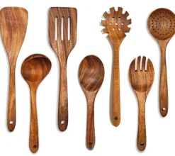 Træskesæt til madlavning, 7-delt teaktræ redskabssæt, Træskesæt til køkken, Træskesæt til køkken New