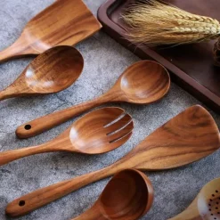 Træskesæt til madlavning, 7-delt teaktræ redskabssæt, Træskesæt til køkken, Træskesæt til køkken New