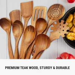 Træskesæt til madlavning, 7-delt teaktræ redskabssæt, Træskesæt til køkken, Træskesæt til køkken New
