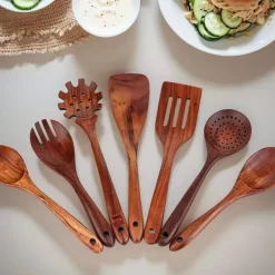 Træskesæt til madlavning, 7-delt teaktræ redskabssæt, Træskesæt til køkken, Træskesæt til køkken New