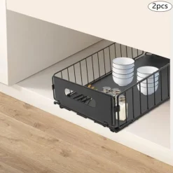 Udtrækkelig skabsorganisator - Opbevaringskurve - Rustbestandigt kulstofstål - 2-pak - Bæreevne 4–5 kg pr. kurv - Mål 37,5×24,5×10 cm - Sort Sale