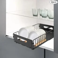 Udtrækkelig skabsorganisator - Opbevaringskurve - Rustbestandigt kulstofstål - 2-pak - Bæreevne 4–5 kg pr. kurv - Mål 37,5×24,5×10 cm - Sort Sale