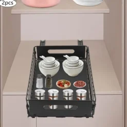 Udtrækkelig skabsorganisator - Opbevaringskurve - Rustbestandigt kulstofstål - 2-pak - Bæreevne 4–5 kg pr. kurv - Mål 37,5×24,5×10 cm - Sort Sale