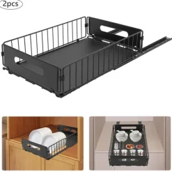 Udtrækkelig skabsorganisator - Opbevaringskurve - Rustbestandigt kulstofstål - 2-pak - Bæreevne 4–5 kg pr. kurv - Mål 37,5×24,5×10 cm - Sort Sale