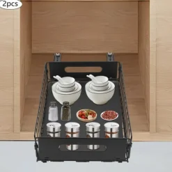 Udtrækkelig skabsorganisator - Opbevaringskurve - Rustbestandigt kulstofstål - 2-pak - Bæreevne 4–5 kg pr. kurv - Mål 37,5×24,5×10 cm - Sort Sale