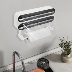 Vægmonteret Dispenser - 3‑i‑1 Rulleholder - Alufolie- og Plastfilm-dispenser - Køkkenrulleholder - 2 Kroge - ≤15×28,5 cm - ABS + Aluminium - Bronze New