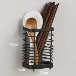 Vægmonteret redskabsholder i rustfrit stål Tørrestativ til køkken - Stor sort kurv til spisepinde