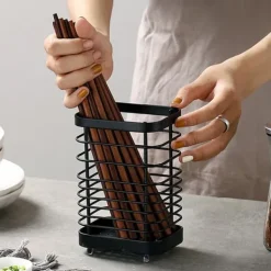 Vægmonteret redskabsholder i rustfrit stål Tørrestativ til køkken - Stor sort kurv til spisepinde