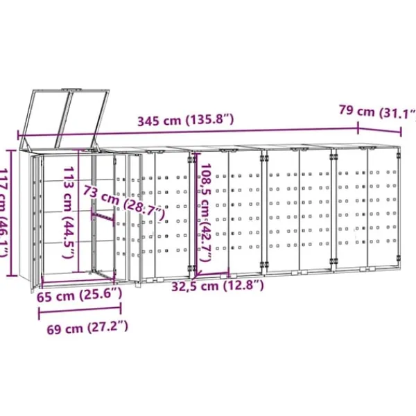 vidaXL Tilbehør Til Affaldshåndtering>skraldespandsskjuler 345x79x117 cm 5 rum stål antracit