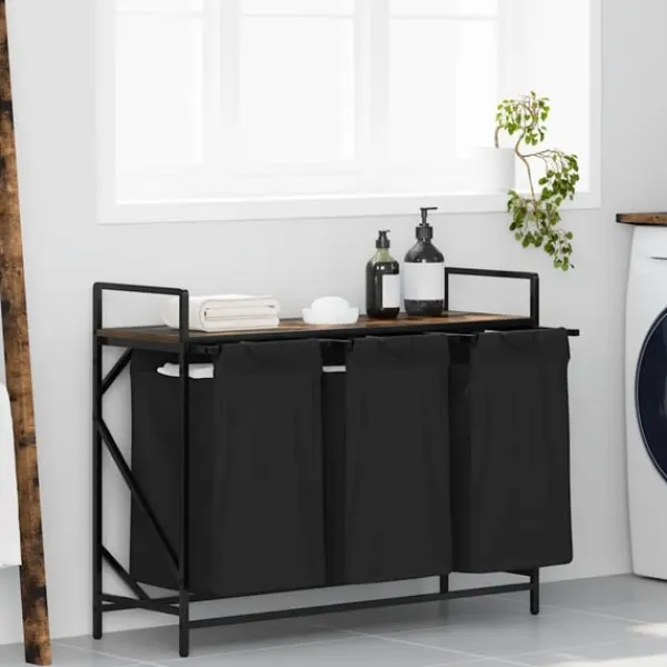 vidaXL vasketøjskurv 3 rum med hylde røget egetræsfarve Online