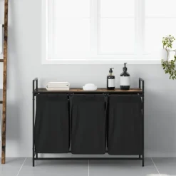 vidaXL vasketøjskurv 3 rum med hylde røget egetræsfarve Online