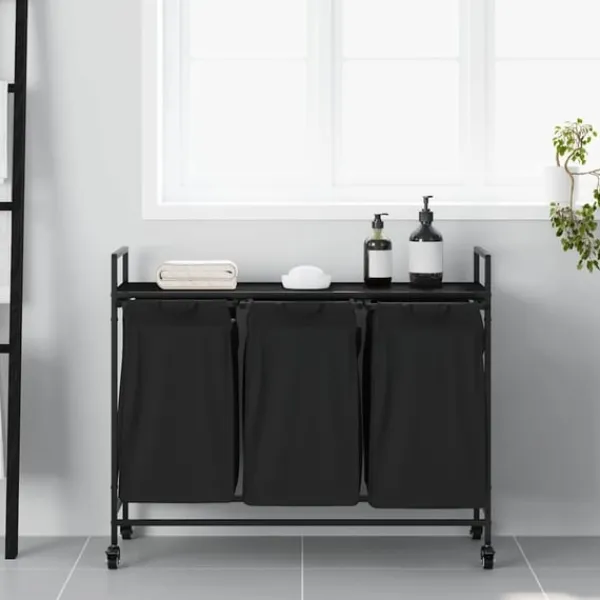 vidaXL vasketøjskurv 3 rum med hjul sort egetræsfarve Hot