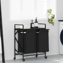 vidaXL vasketøjskurv 2 rum med hjul sort egetræsfarve Hot