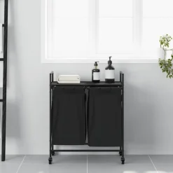 vidaXL vasketøjskurv 2 rum med hjul sort egetræsfarve Hot