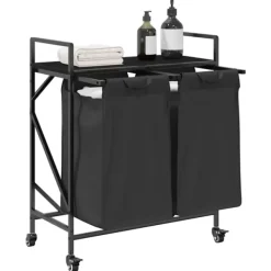 vidaXL vasketøjskurv 2 rum med hjul sort egetræsfarve Hot