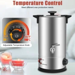 Vokssmelter til stearinlys - Smeltegryde med hane - 10 L - 304 Rustfrit Stål - Termostat 30–110 °C - 1800 W - 220–240 V - Sølv Sale