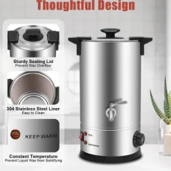 Vokssmelter til stearinlys - Smeltegryde med hane - 10 L - 304 Rustfrit Stål - Termostat 30–110 °C - 1800 W - 220–240 V - Sølv Sale